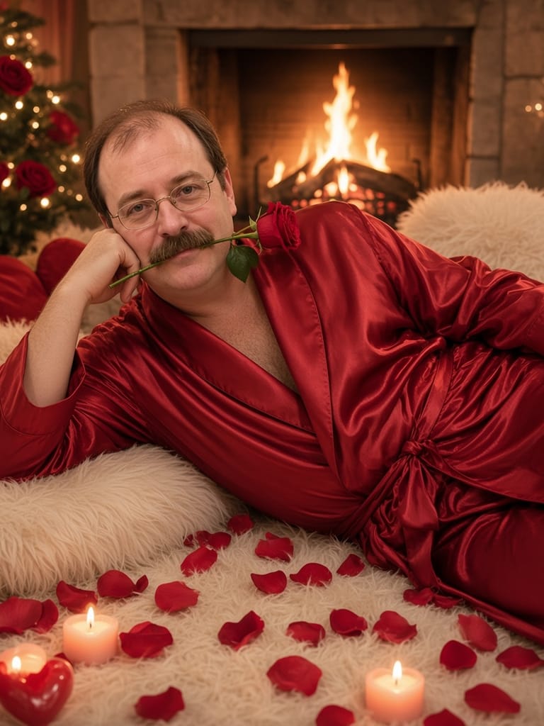 Cal reclining on a fur rug by the fireplace in a red satin robe, a rose in his teeth