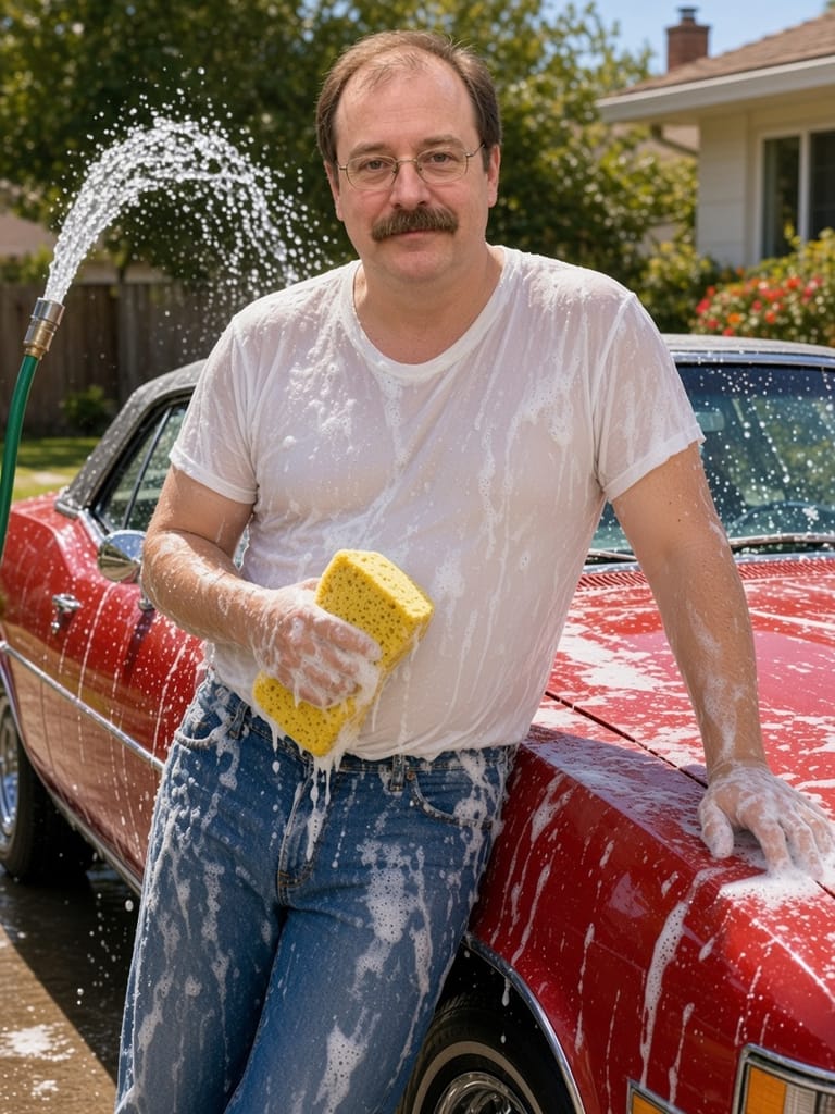 Cal soaked in suds, leaning on a red convertible with a sponge