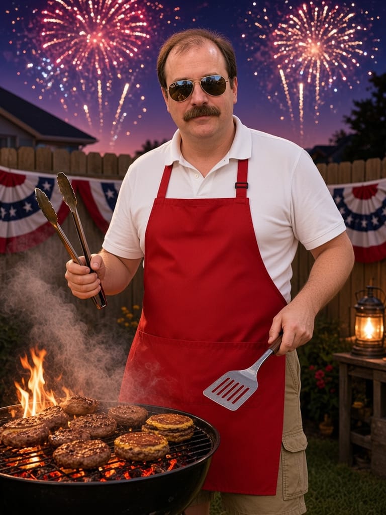 Cal in aviators and an apron, wielding tongs over a flaming grill under fireworks