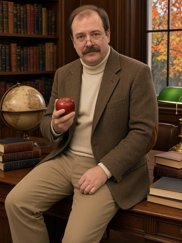 Cal in a tweed blazer on the edge of a library desk, holding an apple