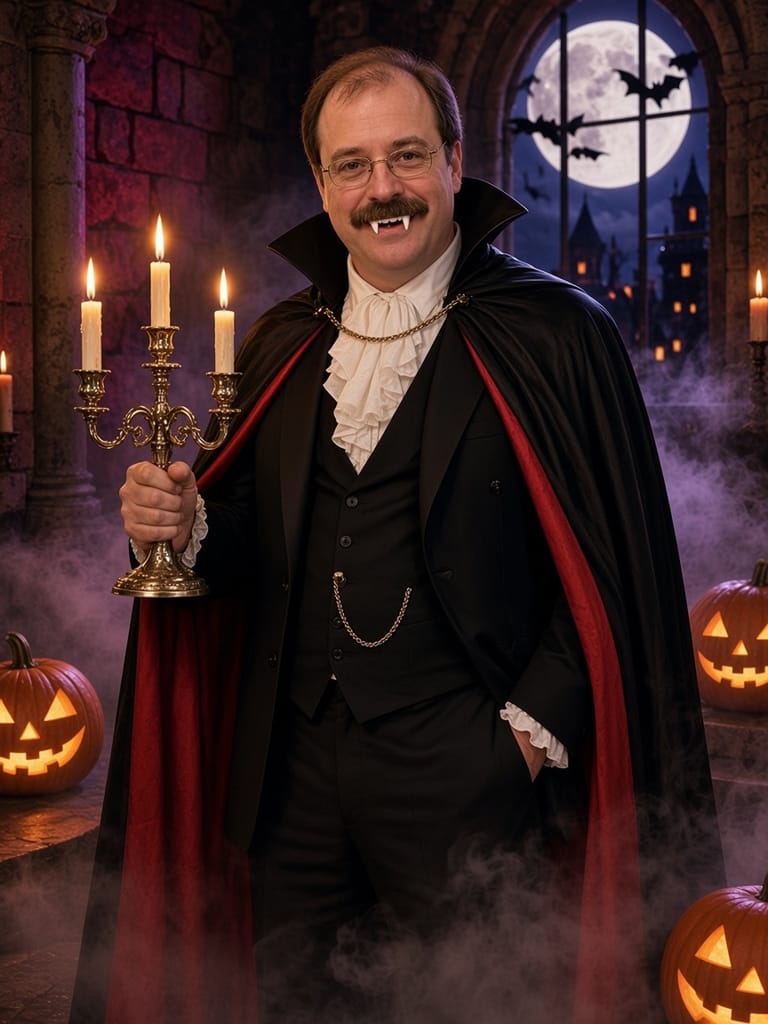 Cal in a vampire cape with a candelabra and plastic fangs