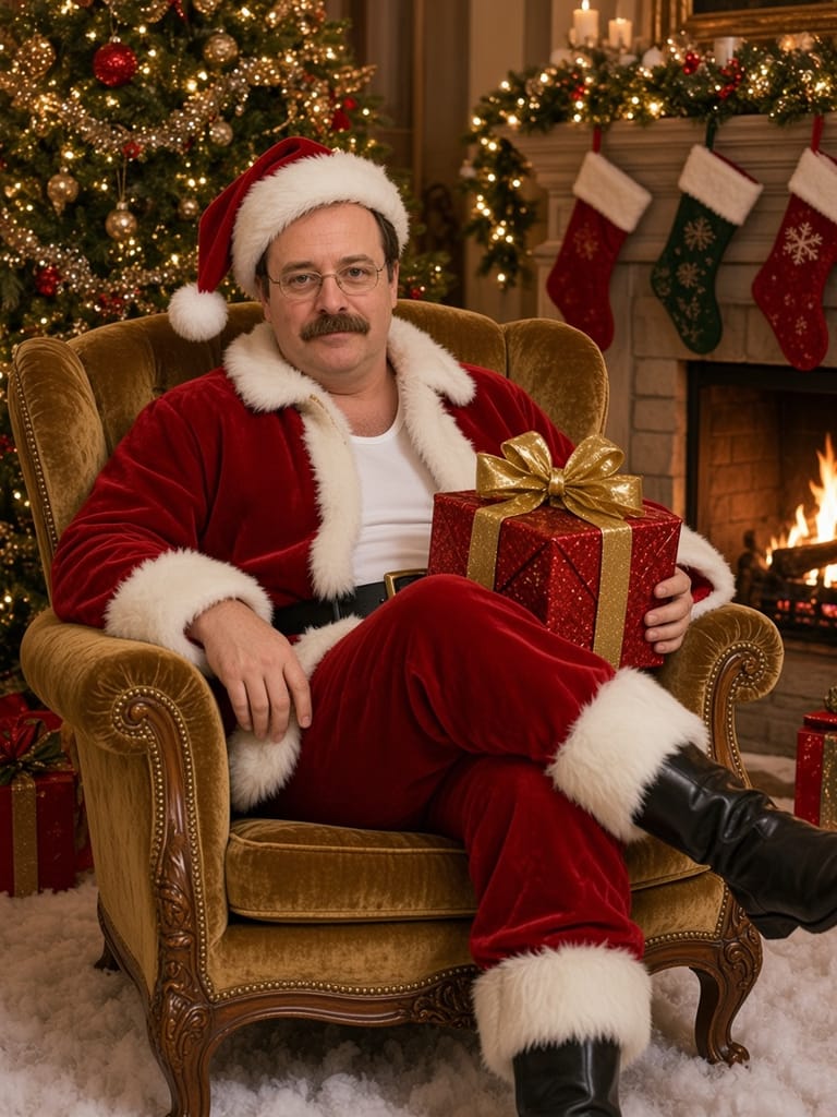 Cal in a velvet Santa suit in a gold armchair beside the tree